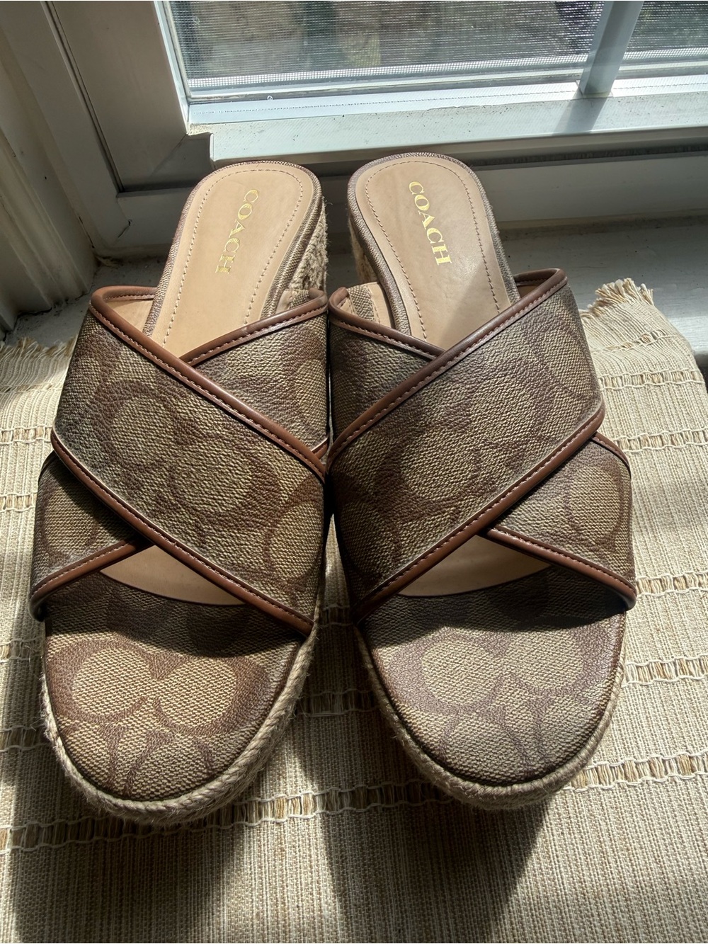 Coach Brown Signature Canvas Crossband Espadrille Slides